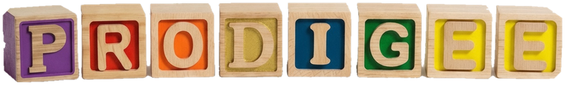 PRODIGEE, spelled in wooden alphabet blocks